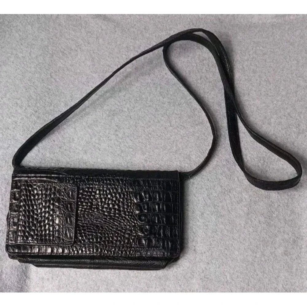 Brighton Black Croc Embossed Leather Crossbody Organizer Purse Silver Hardware - Picture 13 of 14